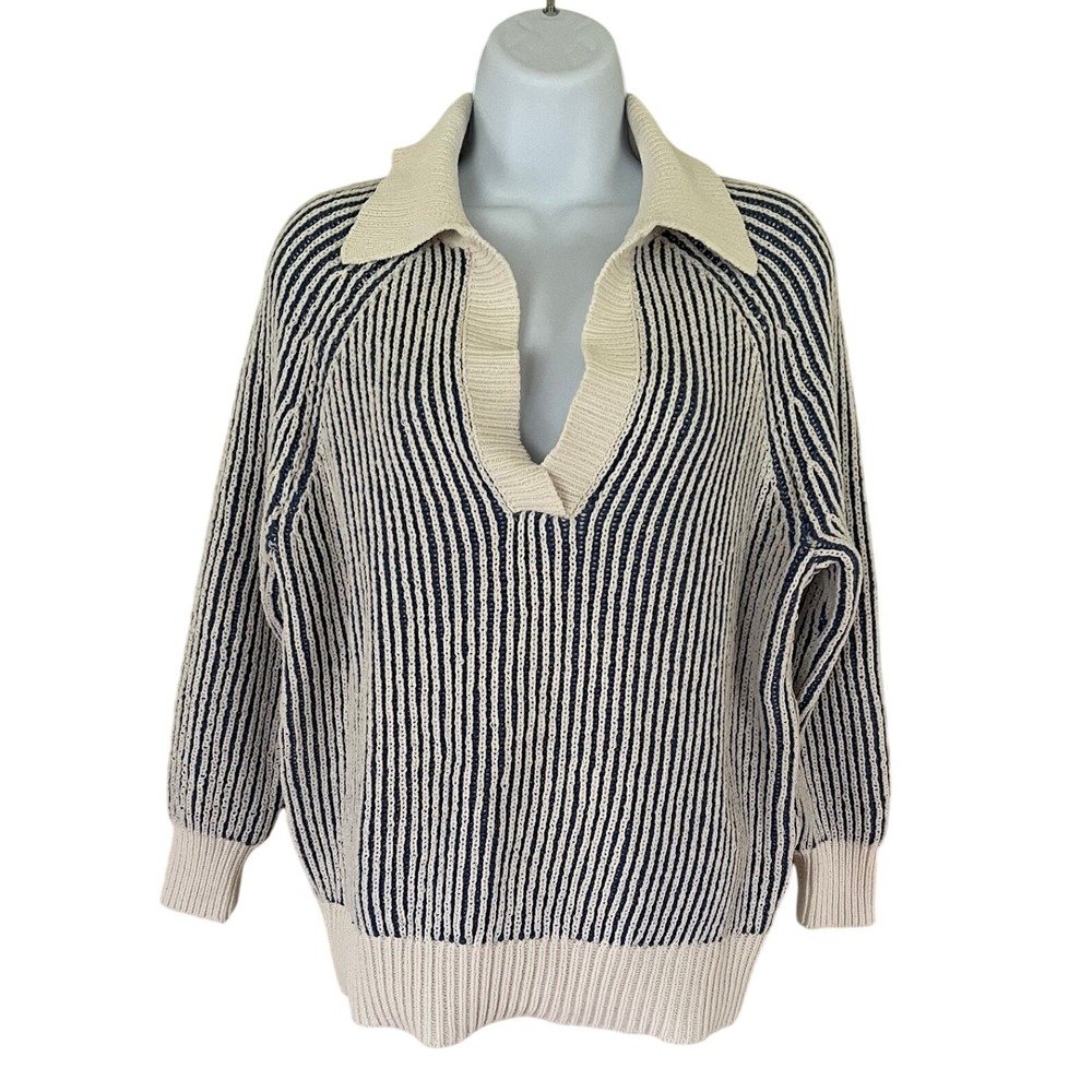 Aerie Womens XXS Striped Polo Sweater Blue Cream Ribbed V-Neck Raglan Oversized
